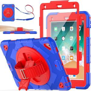 Pad 6th/5th Generation Case 9.7 with Meshdesign, Screen Protector Pencil Holder [360° Rotating Hand Strap] &Stand, Shockproof Case for Pad 6th/5th/ Air 2/ Pro 9.7 (Blue+Red)