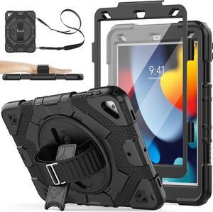 Pad 9th/ 8th/ 7th Generation Case 10.2 with Meshdesign, Screen Protector Pencil Holder [360° Rotating Hand Strap] &Stand, Shockproof Case for Pad 10.2 inch 2021/2020/2019 (Black)