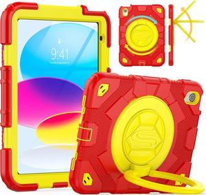 Pad 10th Generation Case 10.9'' with Screen Protector, 360° Rotating Handle Stand, Shoulder Strap & Pencil Holder, Heavy Duty Shockproof Case for Pad 10th Generation 2022 (Red+Yellow)