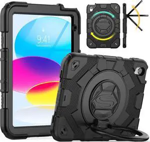Case for iPad 10th Generation 10.9 inch (2022), Heavy Duty Shockproof Case with Screen Protector, 360 Rotating Handle Stand, Shoulder Strap, Pencil Holder, Black