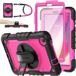 for Tab M8 (4th Gen) 8 inch Case 2023 (TB-300FU/TB-300XU) with Screen Protector, 360° Rotate Stand&Strap, Pen Holder Drop-Proof Protection Case for Tab M8 4th (Pink+Black)