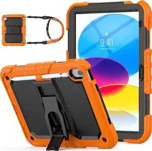for Pad 10th Generation Case 10.9'' with Screen Protector Pencil Holder Shoulder Strap & Stand, Drop-Proof Case for Pad 10th Generation 2022 10.9 inch (Orange)