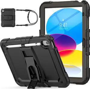 for Pad 10th Generation Case 10.9'' with Screen Protector Pencil Holder Shoulder Strap & Stand, Drop-Proof Case for Pad 10th Generation 2022 10.9 inch (Black)