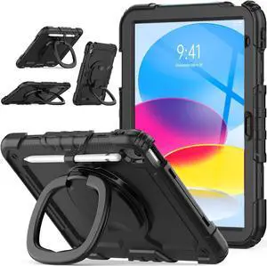 Pad 10th Generation Case, Shockproof Case with Pencil Holder & Screen Protector [ 360° Ring Handle Stand ], 10.9 inch Pad Case 10th Generation 2022 (Black)