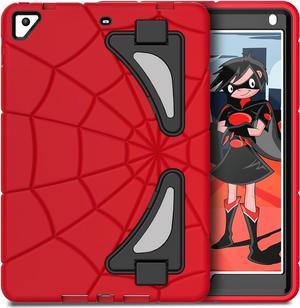 Kids Case for Pad 9.7 2018 2017/Pad Air 2, Heavy Duty Shockproof Rugged Hybrid Sturdy with Kickstand Spider Wed Design for Children Boys for  Pad 6th/5th Gen/Pad Air 2 (Red+Black)