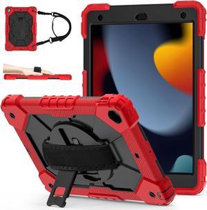 Case for Pad 9th/8th/7th Gen 10.2''Shockproof Rugged Heavy Duty Hybrid PC+TPU 360° Rotating Hand Strap&Kickstand Shoulder Strap for  10.2 inch Pad 9/8/7 2021/2020/2019 (Red)