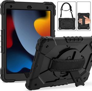 Case for Pad 9th/8th/7th Gen 10.2''Shockproof Rugged Heavy Duty Hybrid PC+TPU 360° Rotating Hand Strap&Kickstand Shoulder Strap for  10.2 inch Pad 9/8/7 2021/2020/2019 (Black)