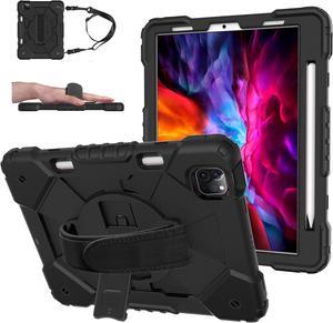 Case for Pad Air 5th/4th 10.9'' 2022/2020, Pad Pro 11'', Shockproof Rugged Heavy Duty PC+TPU with 360° Rotating Hand Strap&Kickstand Shoulder Strap for  Pad Pro 1/2/3/4 (Black)