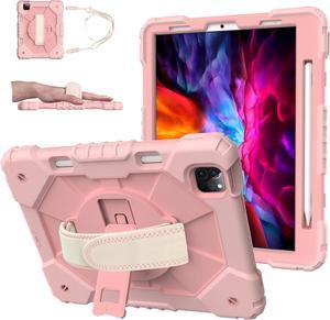 Case for Pad Air 5th/4th 10.9'' 2022/2020, Pad Pro 11'', Shockproof Rugged Heavy Duty PC+TPU with 360° Rotating Hand Strap&Kickstand Shoulder Strap for  Pad Pro 1/2/3/4 (Rose Gold)