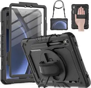 Protective for Galaxy Tab S9 / S9 FE 5G Case with Hand Strap/Screen Protector/Pen Holder, Heavy Duty Shockproof  Galaxy S9 FE Tablet Case 10.9 / 11, Black
