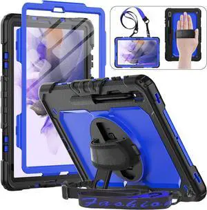 for Galaxy Tab S7 FE / S8 Plus / S7 Plus 5G Case 12.4 inch with Screen Protector/Pen Holder / 360 Rotating Strap Stand, Heavy Duty  Galaxy S7 FE / S8 Plus Tablet Case - Blue/Black