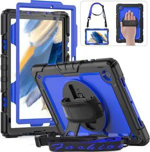 for  Galaxy Tab A8 Case 10.5 Full Body Protective with Rotating Hand Strap/Screen Protector/Built-in Stand, Sturdy Shockproof  A8 Tablet Case 2022 SM-X200/X205/X207, Blue