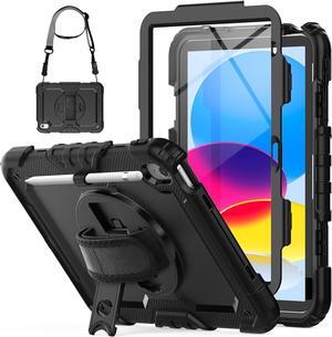 Case for iPad 10th Generation 10.9 inch with Pencil Holder, Screen Protector, Rotating Hand Strap Stand, Heavy Duty Protective for iPad 10 Case A2696 / A2757 / A2777, Black