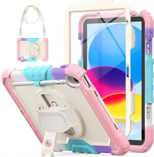 Case for iPad 10th Generation 10.9 inch with Pencil Holder, Screen Protector, Rotating Hand Strap Stand, Heavy Duty Protective for iPad 10 Case A2696 / A2757 / A2777, Pink