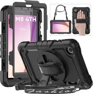 for  Tab M8 Case 4th Gen 2023 (TB-300FU) with Screen Protector/Rotating Hand Strap/Sturdy Stand, [3-Layer Protective]  M8 HD Tablet Case Cover 8 inch 4th Generation, Black