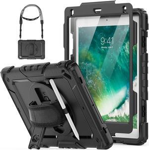 for iPad Pro 9.7 Case, Air 2 Case, 9.7 inch 6th/5th Gen 2018/2017/2016/2014 with Screen Protector/Pencil Holder/ 360 Rotating Hand Strap Stand, Full Body Protective iPad 9.7 Cover - Black