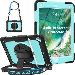 for iPad 6th/5th Generation Case, iPad Air 2 / Pro 9.7 inch Case with Pencil Holder/Screen Protector/Hand Strap Stand [3-Layer] iPad 9.7 Case 2018/2017/2016/2014 Full Body Protective - Blue