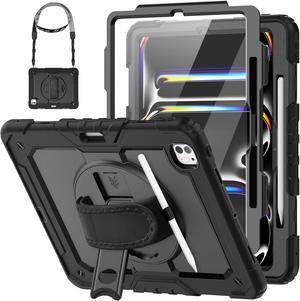 Case for iPad Pro 13 Inch Case 2024 (M4) Shockproof with Screen Protector/Pencil Holder/Hand Strap, [3-Layer] Heavy Duty Protective iPad Pro13 7th Gen (A2925, A2926, A3007) - Black