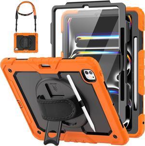Case for iPad Pro 13 Inch Case 2024 (M4) Shockproof with Screen Protector/Pencil Holder/Hand Strap, [3-Layer] Heavy Duty Protective iPad Pro13 7th Gen (A2925, A2926, A3007) - Orange