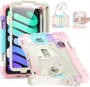 for iPad Mini 6 Case with Pencil Holder/Screen Protector/Hand Strap, Protective iPad Mini 6th Generation Case for Kids 8.3 inch 2021 (A2567 A2568 A2569) - Pink