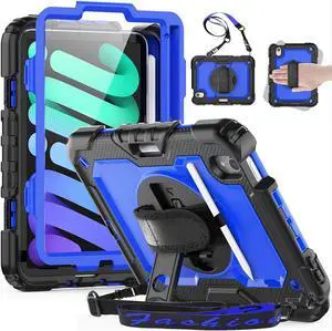 for iPad Mini 6 Case with Pencil Holder/Screen Protector/Hand Strap Stand, Protective iPad Mini 6th Generation Case 8.3 inch A2567/A2568/A2569 - Blue