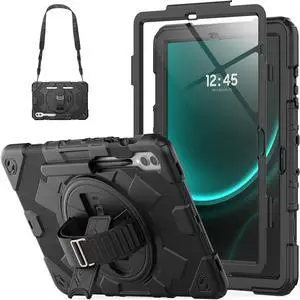 Case for Galaxy Tab S9 Fe + Case/Tab S9 Plus Case 12.4 inch Protective with Screen Protector/S Pen Holder/Rotating Hand Strap, Heavy Duty  Galaxy S9 FE+ / S9+ Tablet Case - Black