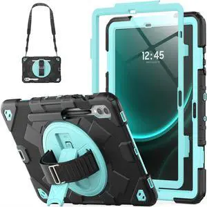 Case for Galaxy Tab S9 Fe + Case/Tab S9 Plus Case 12.4 inch Protective with Screen Protector/S Pen Holder/Rotating Hand Strap, Heavy Duty  Galaxy S9 FE+ / S9+ Tablet Case - Light Blue