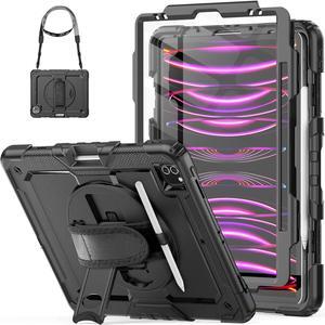 Case for iPad Pro 12.9 inch (Pro12.9 6th 5th 4th 3rd), Shockproof Design with Pencil Holder/Screen Protector/Hand Strap, Protective for iPad 12.9 Pro Case 2022/2021/2020/2018 - Black
