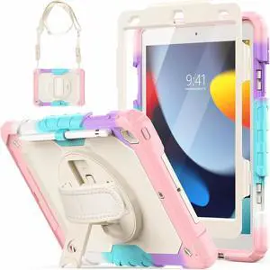 Shockproof Case for iPad 9th 8th 7th Generation, with Pencil Holder/Screen Protector/Hand Strap/Shoulder Strap Carrying Case for iPad 10.2 inch Gen (2021 2020 2019) - Pink