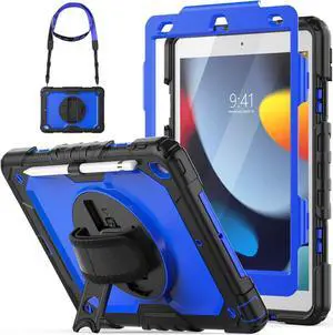 Shockproof Case for iPad 9th 8th 7th Generation, with Pencil Holder/Screen Protector/Hand Strap/Shoulder Strap Carrying Case for iPad 10.2 inch Gen (2021 2020 2019) - Blue