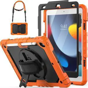 Shockproof Case for iPad 9th 8th 7th Generation, with Pencil Holder/Screen Protector/Hand Strap/Shoulder Strap Carrying Case for iPad 10.2 inch Gen (2021 2020 2019) - Orange