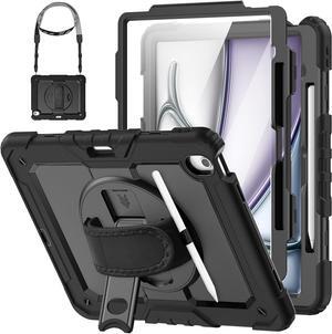 Case for iPad Air 13 inch Case 2024 (M2) Shockproof with Screen Protector/Pencil Holder/Hand Strap, [3-Layer] Heavy Duty Protective iPad Air13 6th Generation (A2898, A2899, A2900) - Black