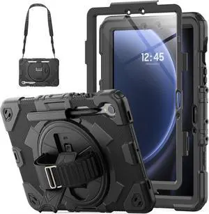 Case for  Galaxy Tab S10 FE (2025) / S9 FE 10.9-inch / S9 11 5G with Screen Protector/S Pen Holder/360 Rotating Hand Strap Heavy Duty  S10 fe/S9fe Tablet Case - Black