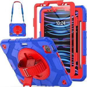 Case for iPad Pro 11 inch 2022/2021/2020/2018, with Pencil Holder, Screen Protector, Rotating Hand Strap Stand, [3-Layer Drop Proof] Case for Pro 11 4th/3th/2nd/1st (Blue/Red)