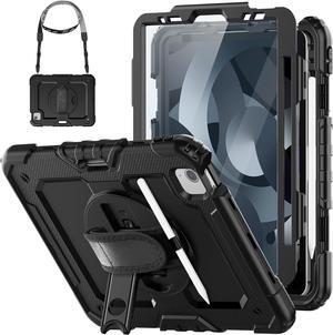 for iPad Air 5th Generation Case, Air 4th Generation Case 10.9 inch with Pencil Holder/Screen Protector/Hand Strap, Protective Air 5 Case/Air 4 Case A2588/A2589/A2591/A2316/A2324 - Black