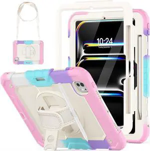Case for iPad Pro 11 inch 2024 (M4), Shockproof Design with Pencil Holder/Screen Protector/Rotating Hand Strap Stand, Protective Cover for iPad Pro11 5th Gen (A2836, A2837, A3006) - Pink
