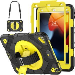 Case for iPad Air 3rd Generation/Pro 10.5 inch / 10.2 inch with Pencil Holder & Adjustable Hand Strap & Screen Protector, Full Body Protective Case for iPad 9th 8th 7th Gen & Air 3 - Yellow