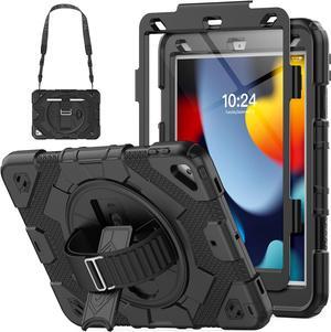 Case for iPad Air 3rd Generation/Pro 10.5 inch / 10.2 inch with Pencil Holder & Adjustable Hand Strap & Screen Protector, Full Body Protective Case for iPad 9th 8th 7th Gen & Air 3 - Black