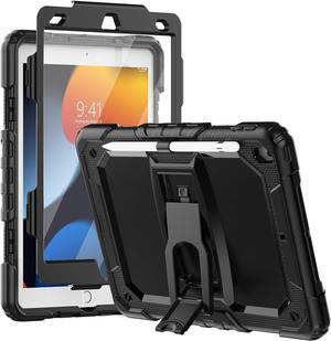 Silicone Case for iPad 9th/ 8th/ 7th Generation, with Screen Protector/Pencil Holder/Built- in Stand, Protective Case for iPad 10.2 inch 2021/2020/2019 (Black)
