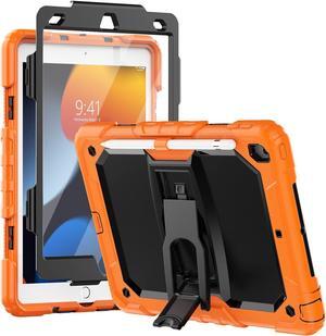 Silicone Case for iPad 9th/ 8th/ 7th Generation, with Screen Protector/Pencil Holder/Built- in Stand, Protective Case for iPad 10.2 inch 2021/2020/2019 (Orange)