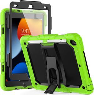 Silicone Case for iPad 9th/ 8th/ 7th Generation, with Screen Protector/Pencil Holder/Built- in Stand, Protective Case for iPad 10.2 inch 2021/2020/2019 (Green)