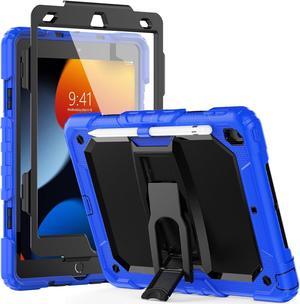 Silicone Case for iPad 9th/ 8th/ 7th Generation, with Screen Protector/Pencil Holder/Built- in Stand, Protective Case for iPad 10.2 inch 2021/2020/2019 (Blue)