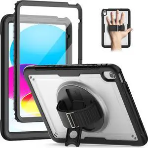 Case for iPad 10th Generation with Hand Strap/Pencil Holder/Screen Protector, Full Body Protective Case for iPad 10 Gen A2696 / A2757 / A2777 (Clear)
