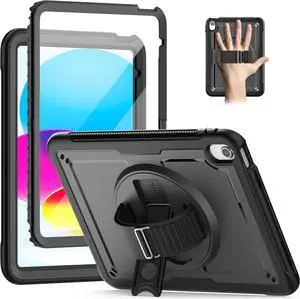 Case for iPad 10th Generation with Hand Strap/Pencil Holder/Screen Protector, Full Body Protective Case for iPad 10 Gen A2696 / A2757 / A2777 (Black)
