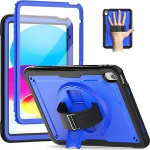 Case for iPad 10th Generation with Hand Strap/Pencil Holder/Screen Protector, Full Body Protective Case for iPad 10 Gen A2696 / A2757 / A2777 (Blue)