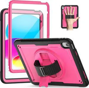 Case for iPad 10th Generation with Hand Strap/Pencil Holder/Screen Protector, Full Body Protective Case for iPad 10 Gen A2696 / A2757 / A2777 (Pink)