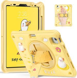 Kids Case for iPad Pro 11 inch 2024 Adorable 3D Duck Design Silicone Durable Multi-Layer Protection, 360° Rotating Hand Strap and Kickstand, Built-in Pen Slot, Safe and Fun Use