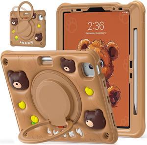 Kids Case for iPad Air 11 inch 2024 Cute 3D Bear Design Multi-Layer Protection, 360° Rotating Kickstand, Built-in Pen Slot, Shock-Absorbing Corners, Easy Installation for Safe and Fun Use