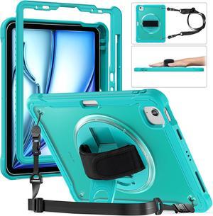 iPad Air 11 inch Case 2024 M2 Chip Dual-Layer Protective Tablet Cover,Lightweight Durable,Shock-Absorbing Corners with 360° Rotating Hand Strap and Hidden Kickstand & Shoulder Strap, Blue