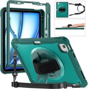 iPad Air 11 inch Case 2024 M2 Chip Dual-Layer Protective Tablet Cover,Lightweight Durable,Shock-Absorbing Corners with 360° Rotating Hand Strap and Hidden Kickstand & Shoulder Strap, Teal